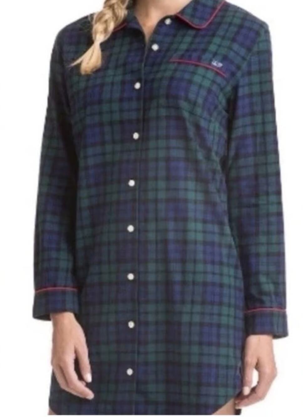 Vineyard Vines Blackwatch Flannel Nightgown Sleep Shirt Plaid Blue/Green Size S